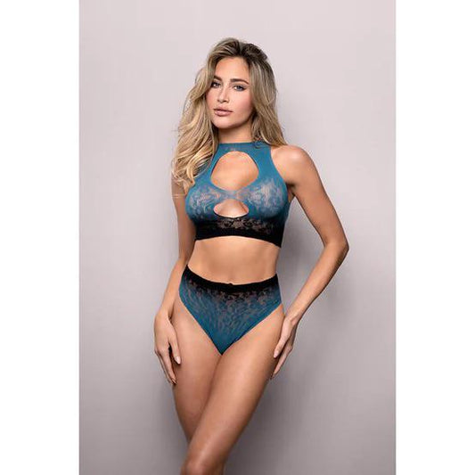 Fantasy Lingerie Vixen Deep Dive Ombré Leopard Knit Cut-Out Top & Panty Black/Blue O/S